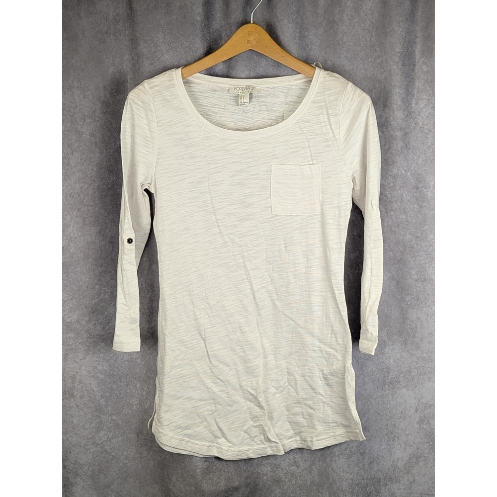 Forever 21 Essentials Womens‎ White Slub Knit Roll Tab Long Sleeve Tee S (C179)